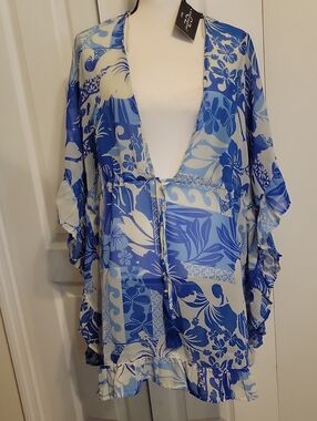 Blue Floral Women’s Swim Cover-Up with Tie Front
